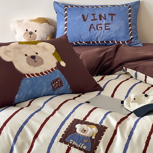 冬季 卡通超柔长绒棉陶瓷磨毛四件套加厚条纹印染刺绣被套床品床笠