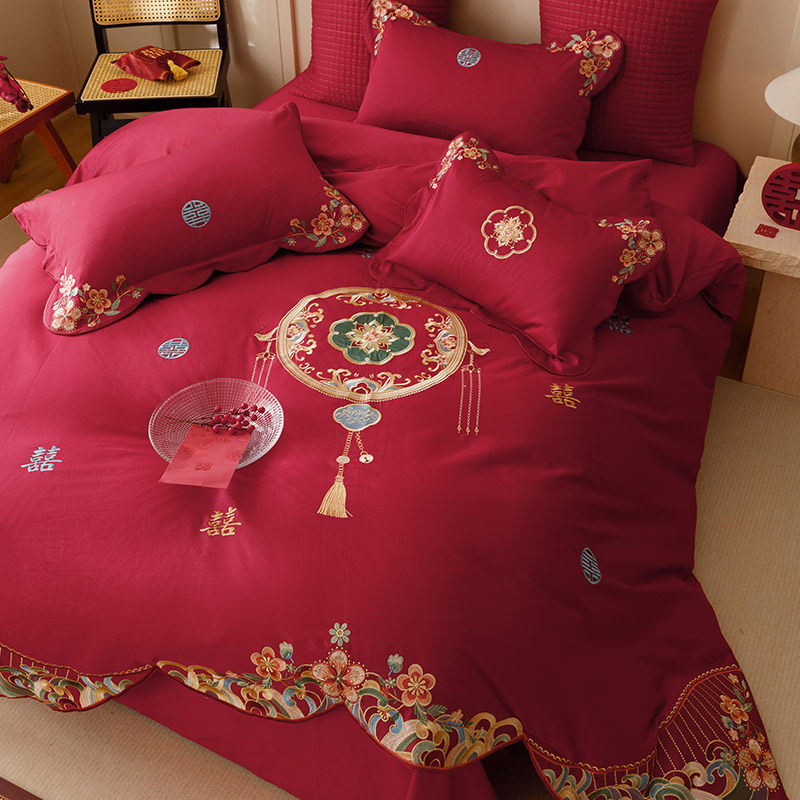 浪漫婚庆双股澳棉四件套中式风纯棉刺绣双喜花卉被套床上用品红色