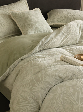 冬季法式复古提花雕花牛奶绒四件套保暖加绒被套床上用品1.2绿色