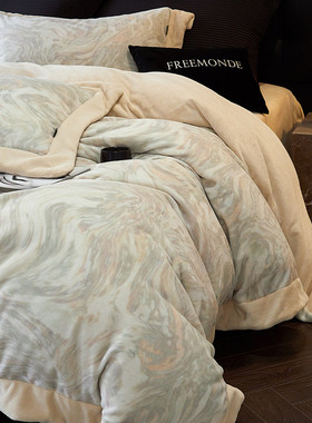 冬季加厚牛奶绒四件套高端数码印花保暖拼角被套床品奶白紫色床笠