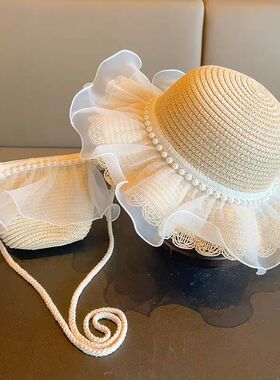 新款女童沙滩公主帽遮阳帽儿童蕾丝草帽包包套装防晒太阳帽夏凉帽