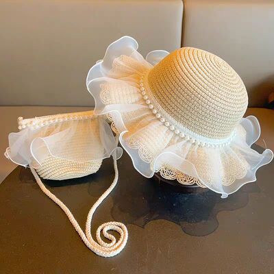 新款女童沙滩公主帽遮阳帽儿童蕾丝草帽包包套装防晒太阳帽夏凉帽