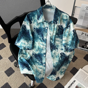 夏威夷花衬衫男宽松印花复古港风碎花冰丝休闲大码短袖衬衣外套潮