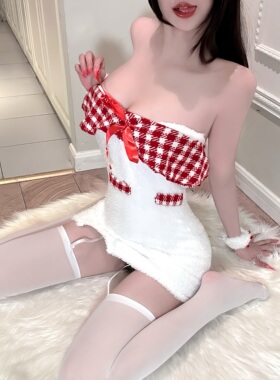 夏学姐圣诞节纯欲一字肩抹胸连衣裙套装毛绒格子花边拼接包臀短裙