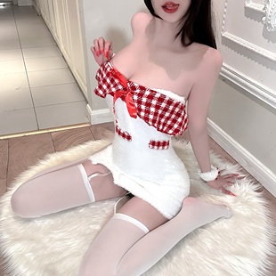 夏学姐圣诞节纯欲一字肩抹胸连衣裙套装毛绒格子花边拼接包臀短裙
