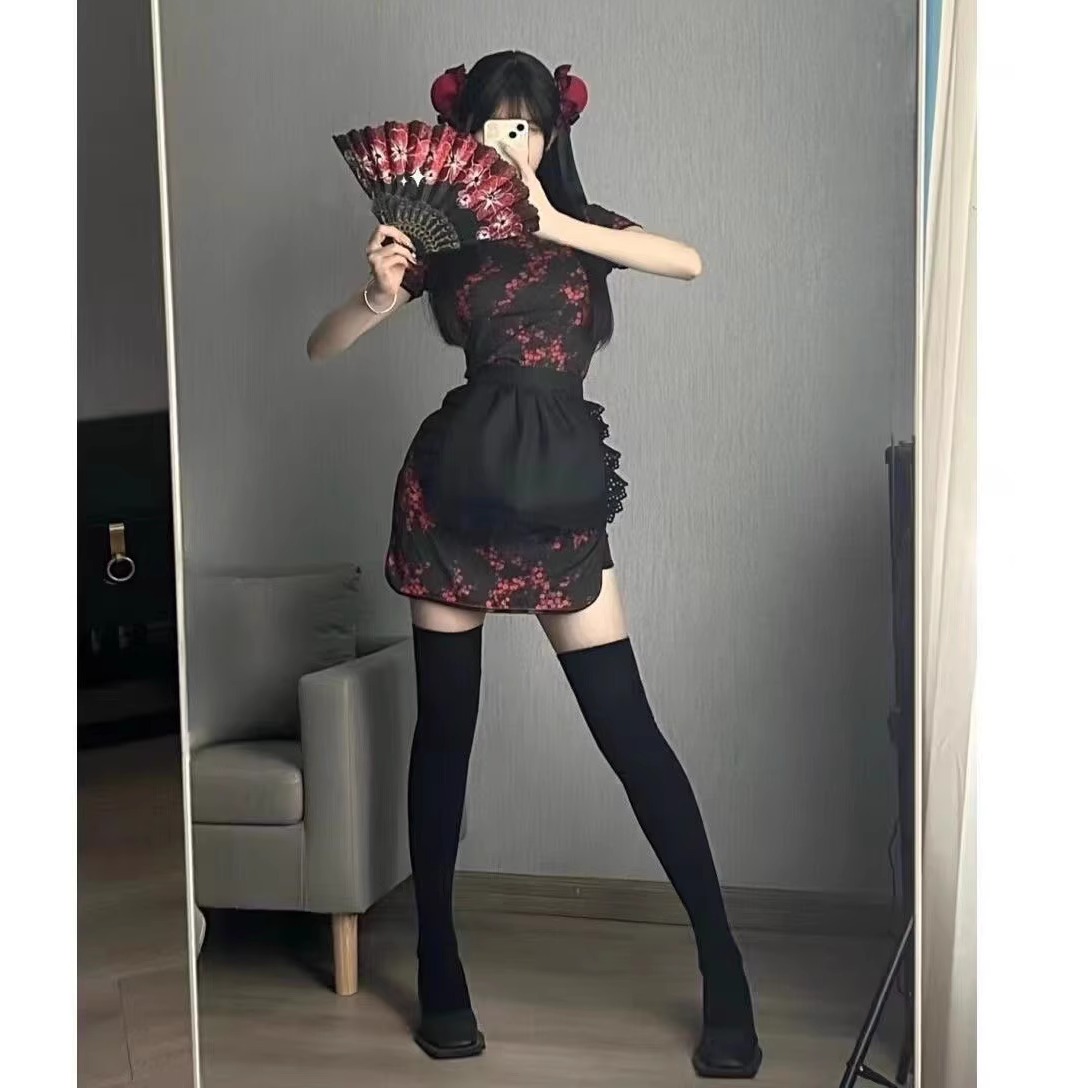 中华娘旗袍蓝黑粉三色连衣裙围裙