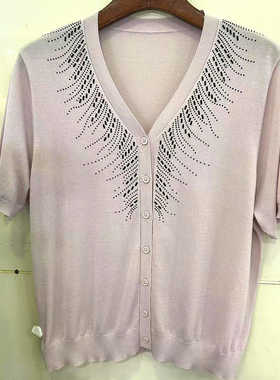 119-9905欧洲站时尚气质烫钻V领桑蚕丝短袖针织毛衣开衫夏季新款