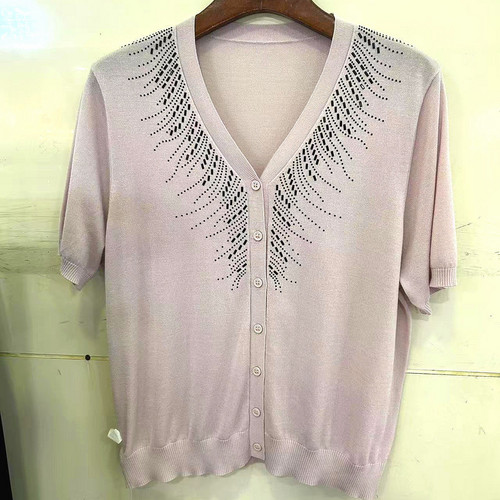 119-9905欧洲站时尚气质烫钻V领桑蚕丝短袖针织毛衣开衫夏季新款