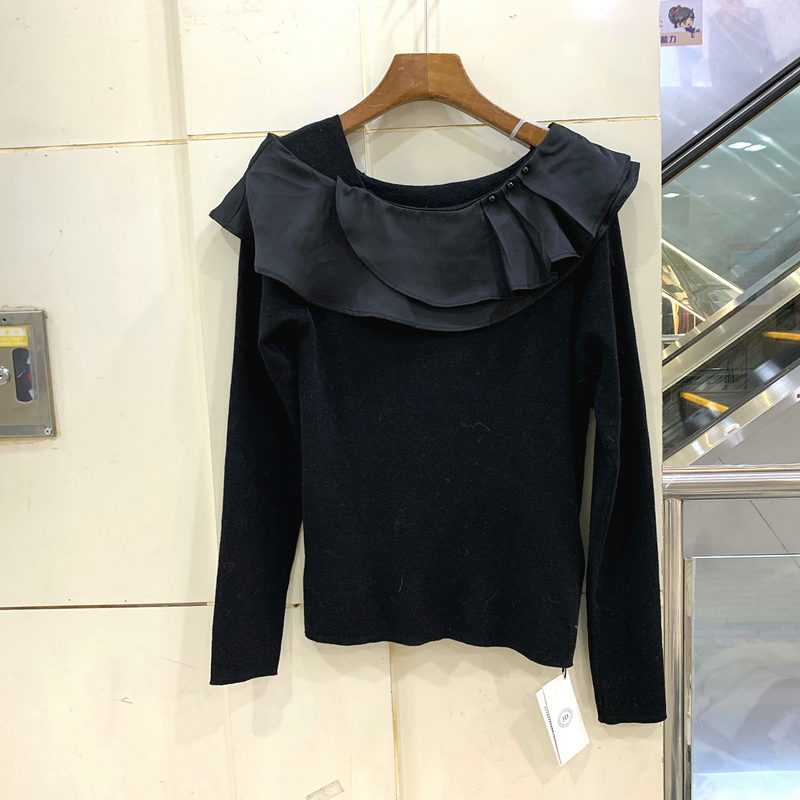 691-25616 钉珠斜荷叶边领气质减龄百搭羊毛衫毛衣欧洲站秋装正品