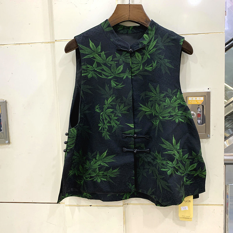 Q6122 欧货春装2025款珍珠单排盘扣立领树叶花国风香云纱马甲外套