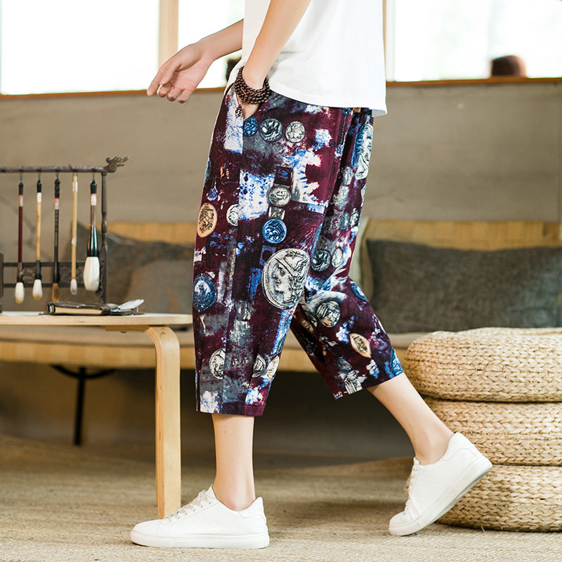 香港亚麻短裤男士七分裤夏季薄款直筒宽松大码印花休闲棉麻中裤子