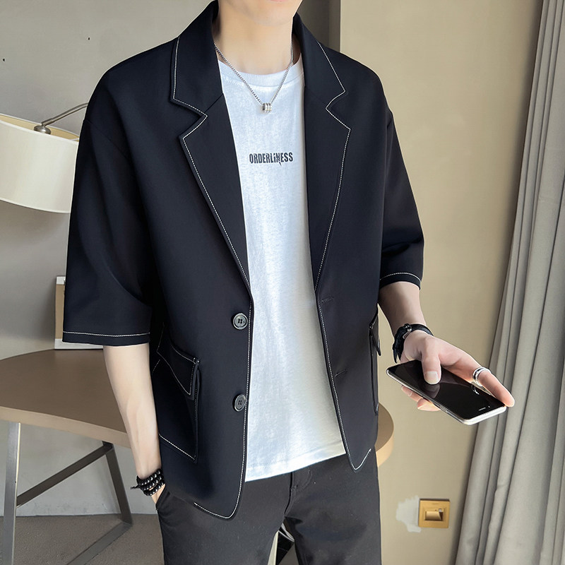 香港小西装外套男夏季薄款2025年新款休闲中袖七分袖西服百搭上衣