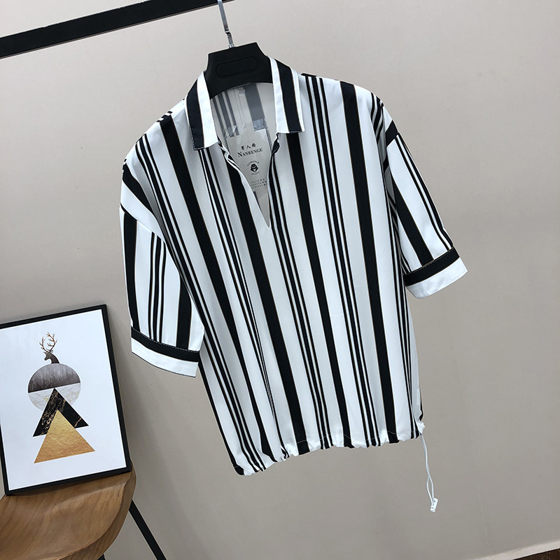 香港夏季七分袖衬衫短袖男t恤韩版潮流ins宽松衬衫领休闲五分中袖