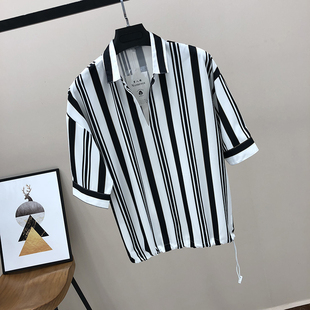 香港夏季七分袖衬衫短袖男t恤韩版潮流ins宽松衬衫领休闲五分中袖