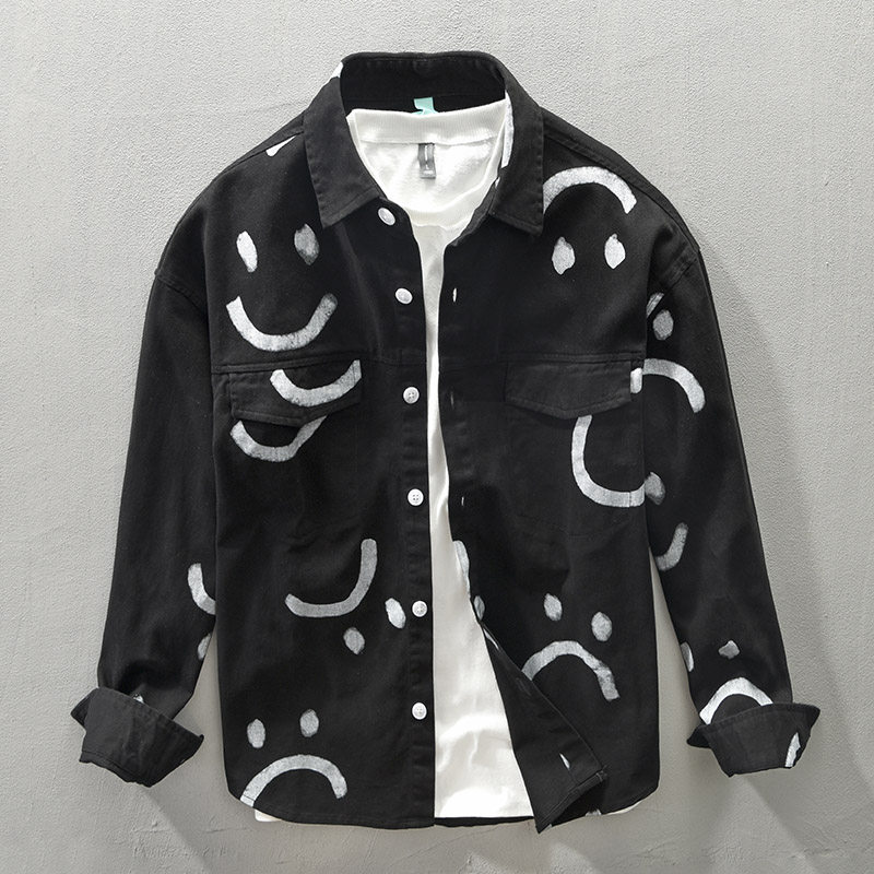 香港设计感小众笑脸印花黑色衬衫男长袖宽松休闲痞帅纯棉衬衣外套