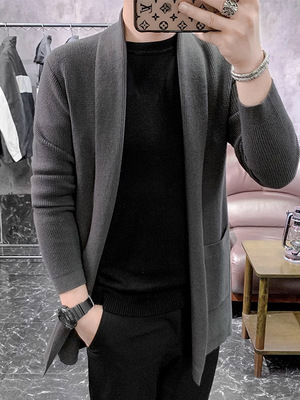 香港轻熟风男装针织开衫男春秋款潮流韩版毛衣外套中长款毛线风衣