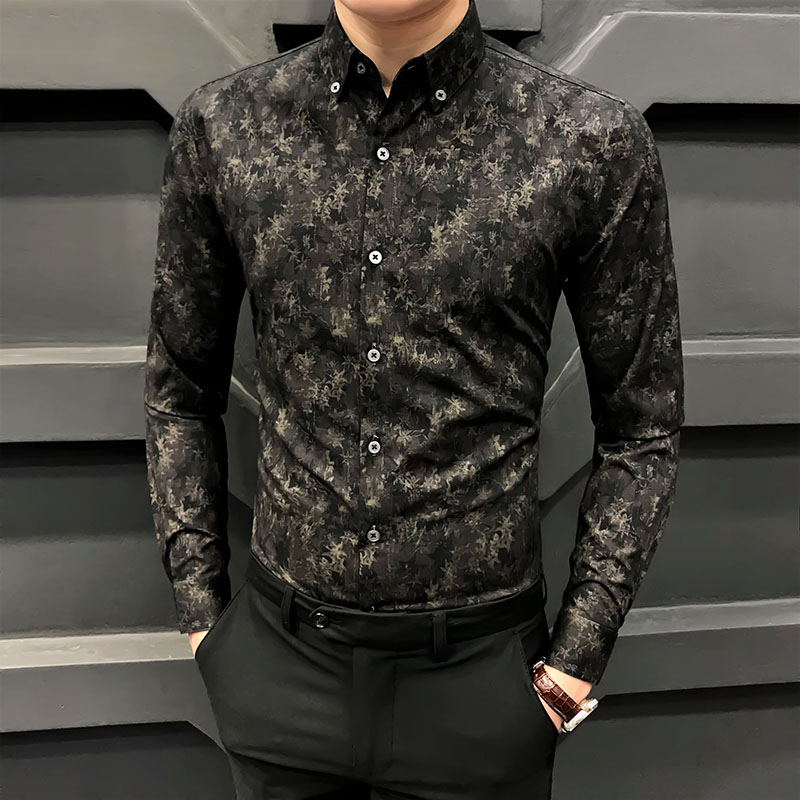 香港潮流花衬衫男长袖秋冬新款高级感衬衣商务抗皱印花修身男装寸