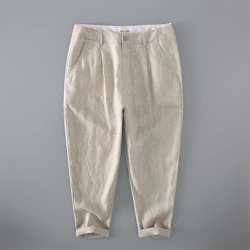 香港军绿色亚麻裤男士九分裤休闲西裤薄款棉麻裤夏季宽松直筒裤子
