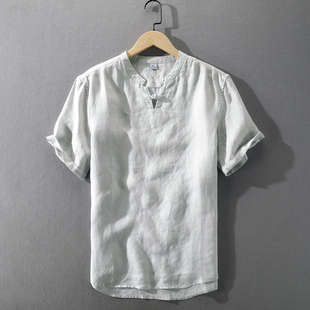 透气薄款 香港夏季 盘扣中国风宽松麻料T恤短袖 男士 休闲纯亚麻衬衫