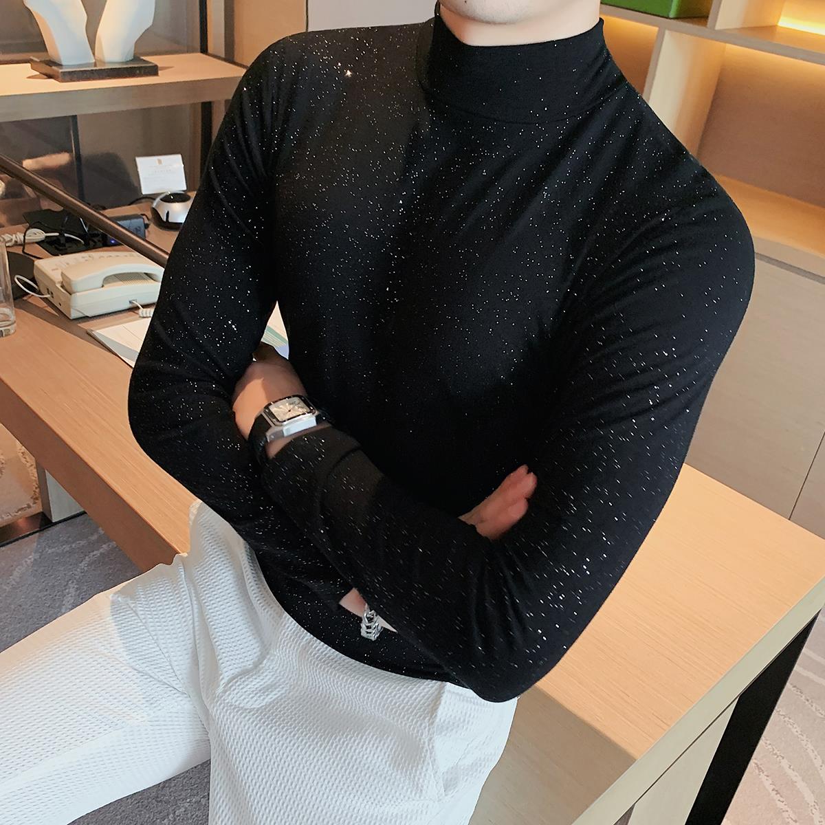 香港半高领长袖T恤男轻熟风修身中领T恤打底衫春秋新款内搭上衣