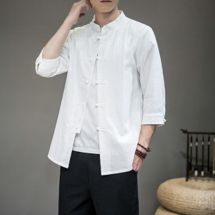 衬衣宽松立领盘扣寸衫 香港中国风男亚麻衬衫 棉麻七分袖 夏季 薄唐装