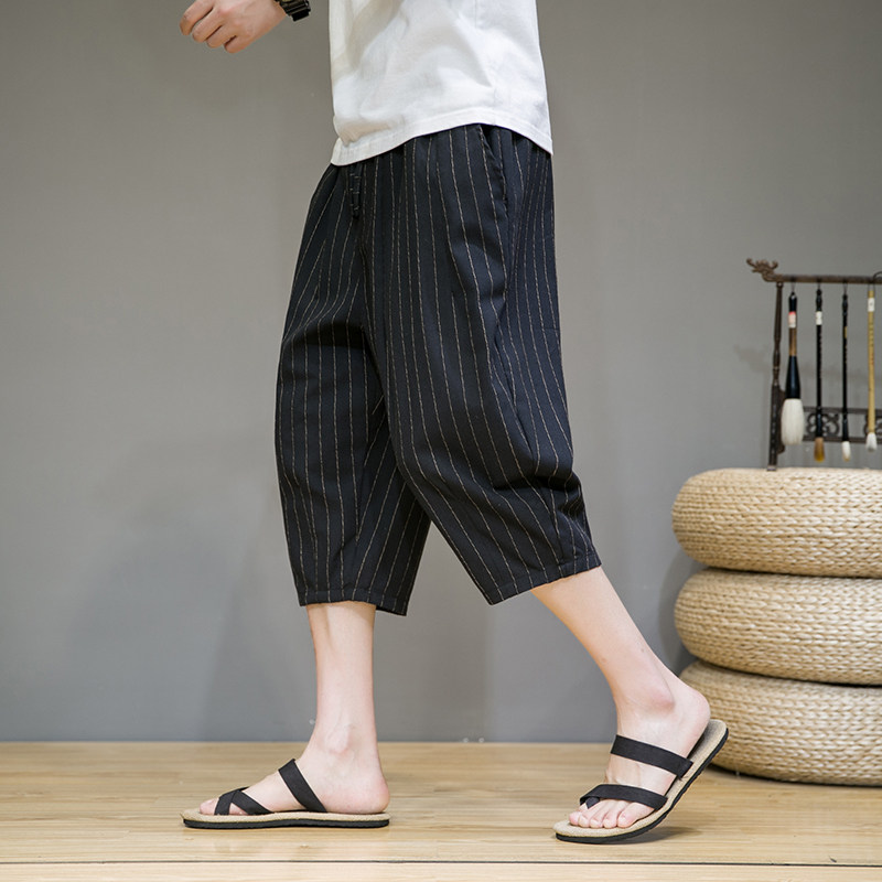 香港亚麻七分裤男士夏季薄款宽松条纹裤子中国风棉麻阔腿运动短裤