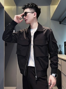 香港休闲翻领修身外套男士时尚百搭春秋新款轻熟风拉链男款夹克潮