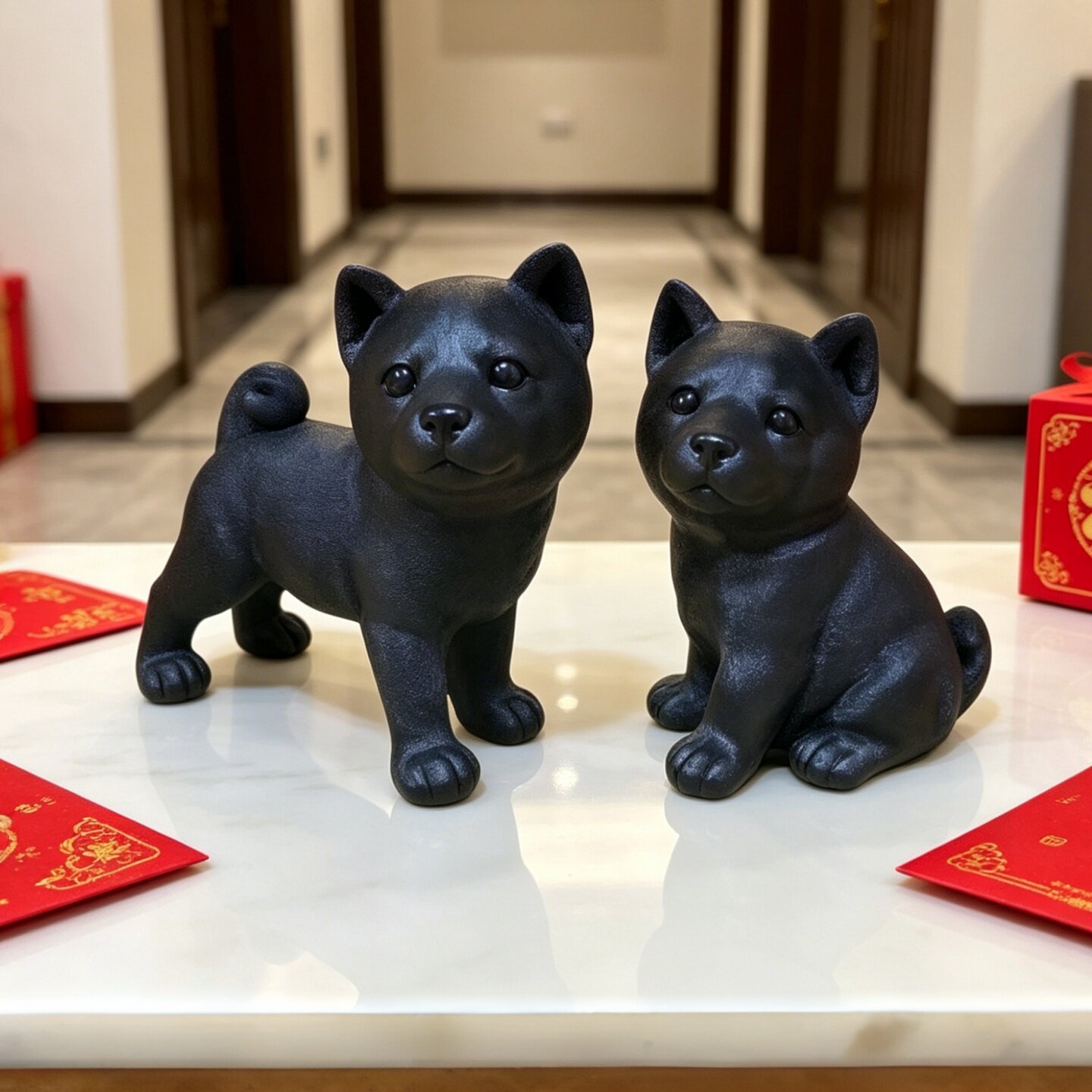 创意仿真狗黑狗五黑犬柴犬树脂小狗模型家居客厅酒柜新家玄关摆件