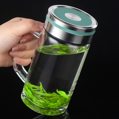 示水简约单层玻璃杯带把手男士办公室水杯大容量透明便携泡茶杯