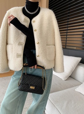 好货 法式小金扣 高级感仿皮毛一体颗粒绒圆领小香风外套 SN6861