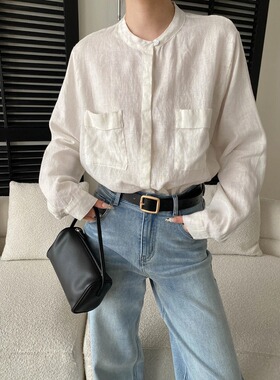 好货 法式高级感 100亚麻简约百搭圆领宽松口袋长袖衬衫 SN8739