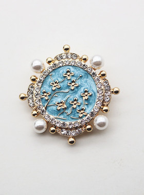 颜色正的蓝高档松本好货别针油画杏花胸花珐琅釉钻珍珠复古胸针x