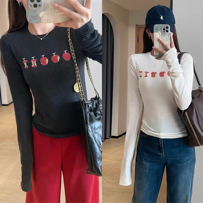 WTHEONE柜上1000+幸运苹果印花天丝羊毛修身显瘦打底长袖T恤女