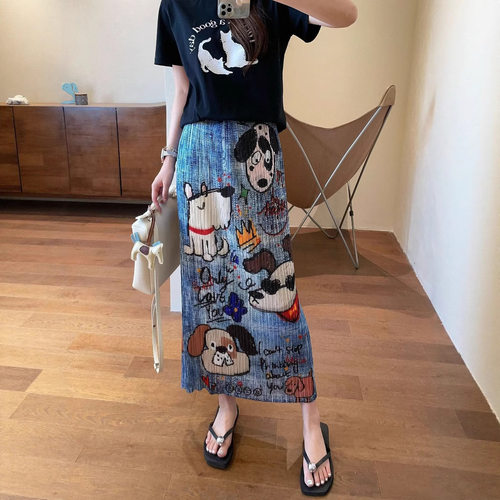 清仓度假风三宅褶皱裙彩色卡通印花中长款侧开叉直筒口袋半身裙夏