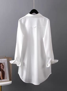 白色雪纺衬衫女长袖2025春夏季中长款韩版BF性感衬衣打底宽松上衣