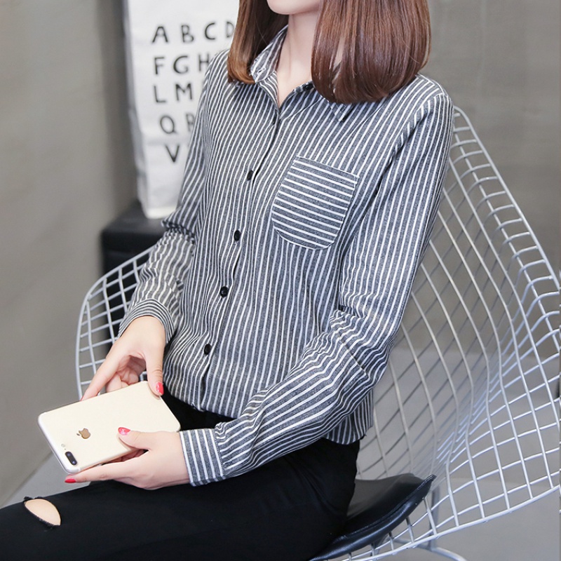长袖条纹衬衫女2026春秋新款韩范纯棉衬衣外套百搭显瘦打底衫上衣