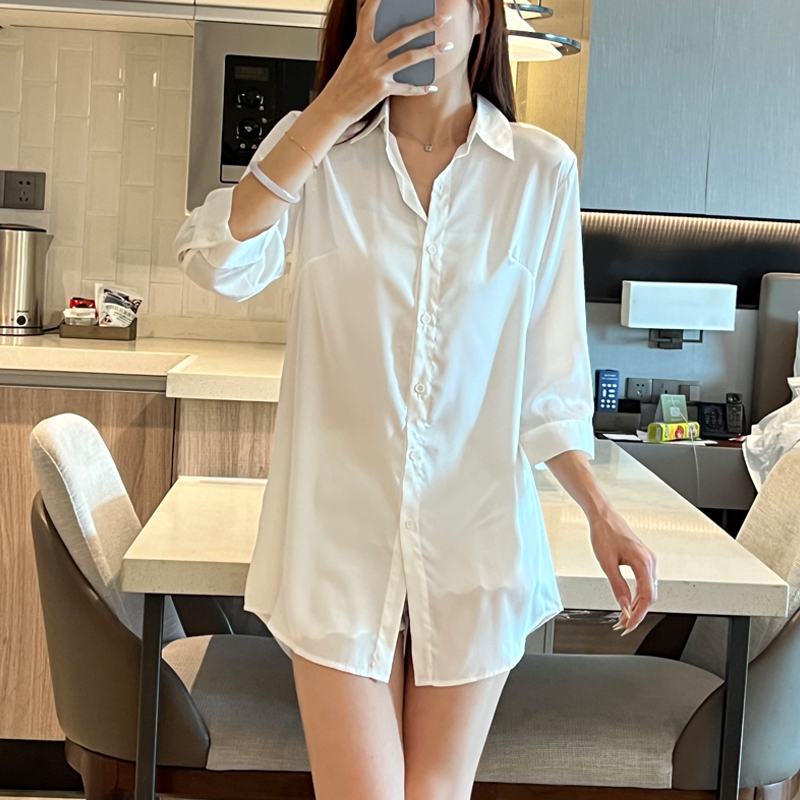 bf男友风白衬衫性感睡衣女中长款微透薄款大码冰丝纯欲风衬衣睡裙