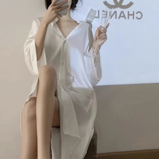 纯欲睡裙女夏冰丝性感薄款男友风白衬衫网红短袖绸缎慵懒诱惑睡衣