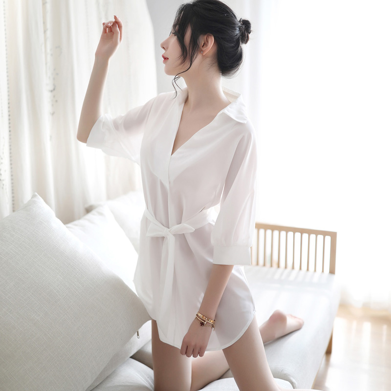 白色女士情调夏季薄款衬衣男友风衬衫春秋性感睡衣中长款雪纺睡裙