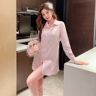 遮屁股上衣 粉色polo领长袖 衬衫 女春夏季 设计感小众防晒衬衣中长款