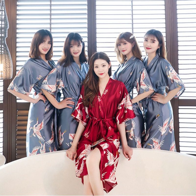 晨袍新娘伴娘婚礼结婚伴手礼薄款睡衣女夏季长款中式仙鹤浴袍睡袍