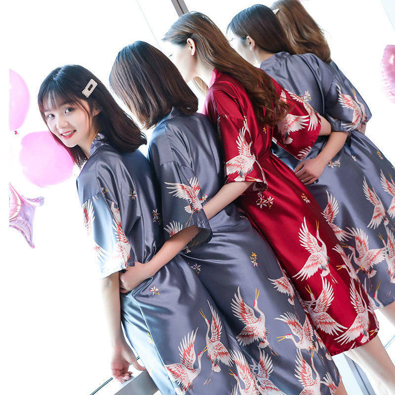 晨袍结婚婚礼闺蜜趴新娘伴娘团仿真丝仙鹤睡衣性感睡袍睡裙女浴袍