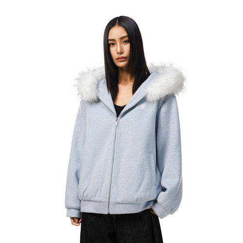 FDR官方店 呢料挺括毛领加厚蓝色卫衣男款连帽2025新款冬外套女