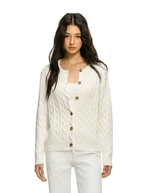 FDR官方店 圆领绞花毛衣学院风羊毛纽扣开衫女春季长袖毛衣针织衫