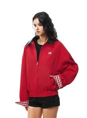 FDR官方店 情侣宽松红色拼接上衣男R字翻领巴恩风夹克外套女款秋