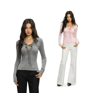 辣妹修身 t恤女春季 显瘦打底上衣 磨毛蕾丝花边系带长袖 FDR官方店