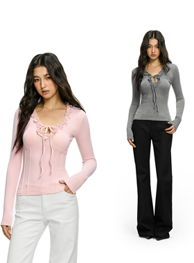 FDR官方店 磨毛蕾丝花边系带长袖t恤女春季辣妹修身显瘦打底上衣