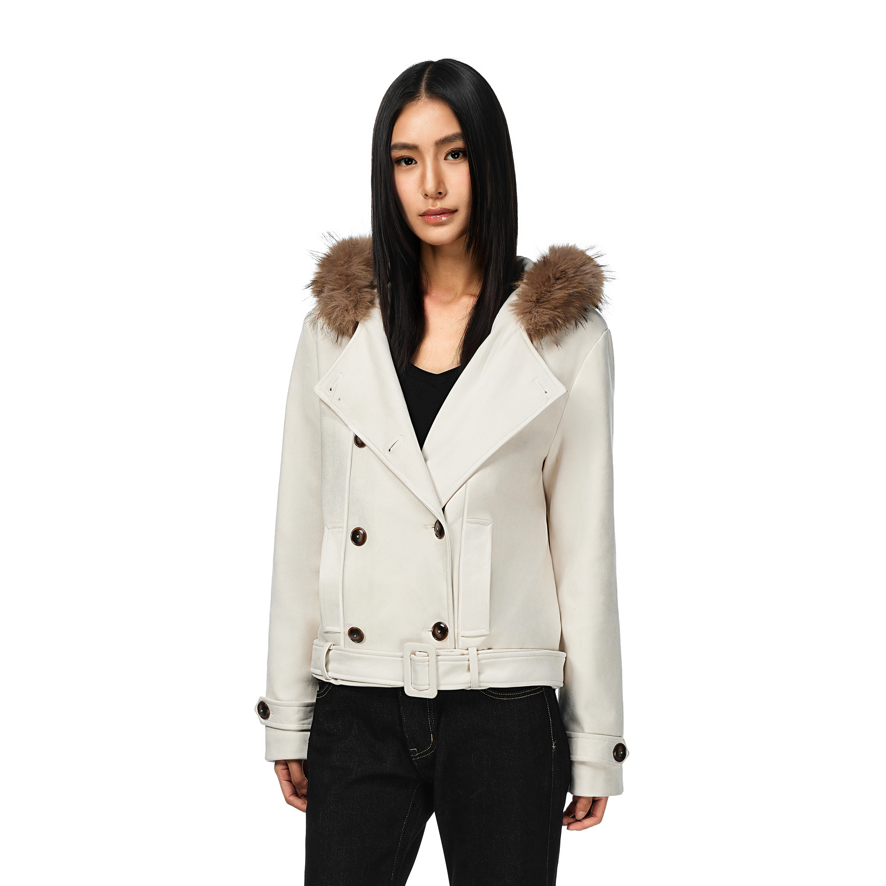 FDR官方店 斜门襟麂皮连帽毛领排扣外套加厚短款修身夹克女款