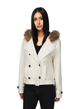 FDR官方店 斜门襟仿麂皮连帽毛领排扣外套加厚短款修身夹克女款