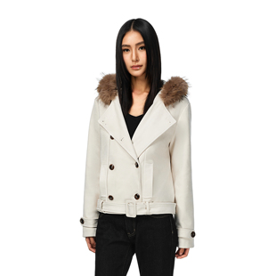夹克女款 修身 斜门襟麂皮连帽毛领排扣外套加厚短款 FDR官方店